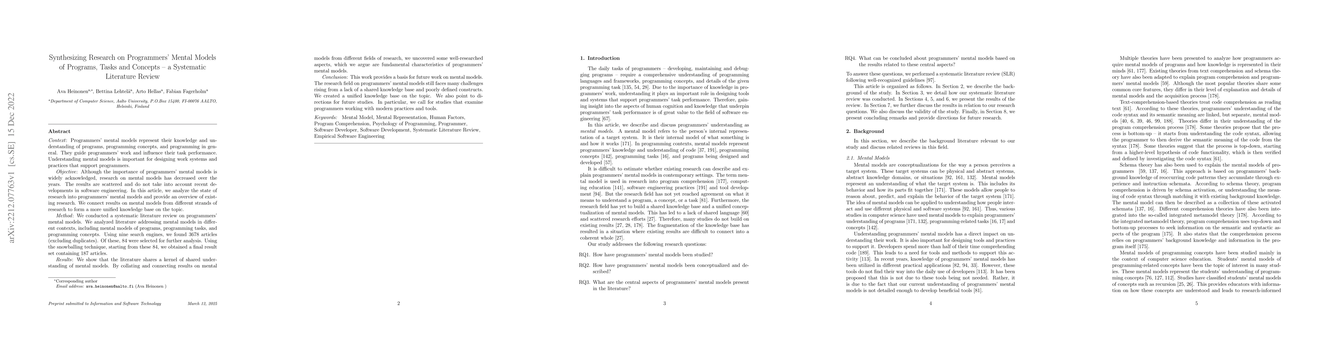 Thumbnail for Synthesizing Research on Programmers' Mental Models of Programs, Tasks
  and Concepts -- a Systematic Literature Review