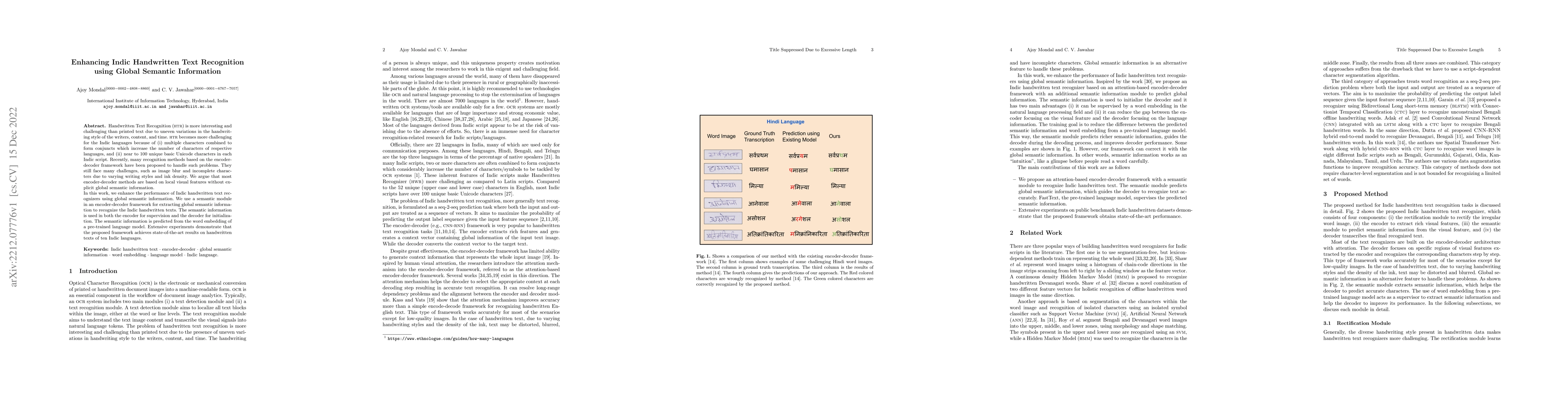 Thumbnail for Enhancing Indic Handwritten Text Recognition Using Global Semantic
  Information