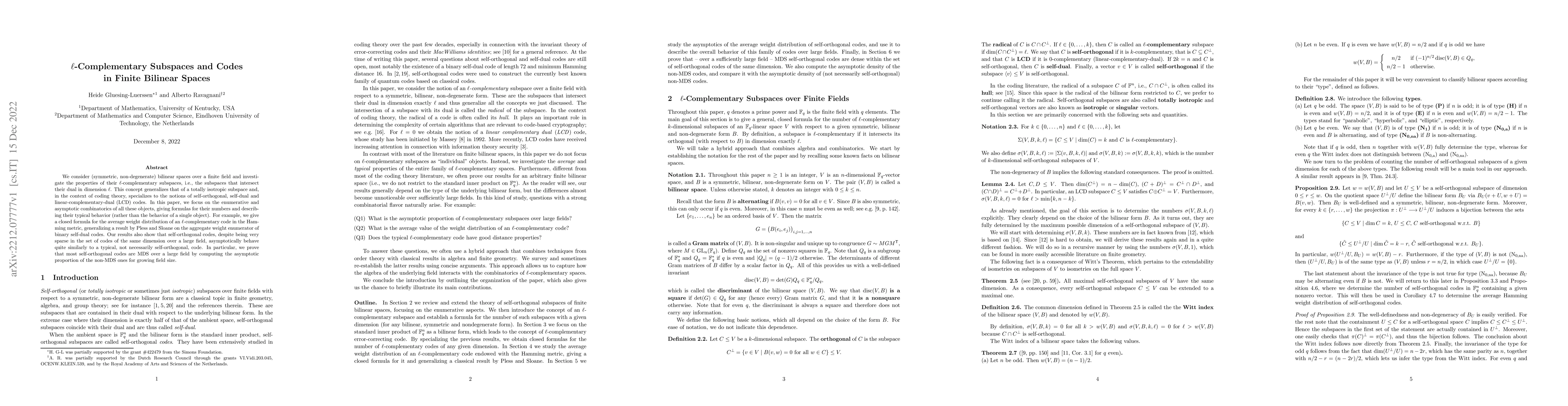 Thumbnail for $\ell$-Complementary Subspaces and Codes in Finite Bilinear Spaces