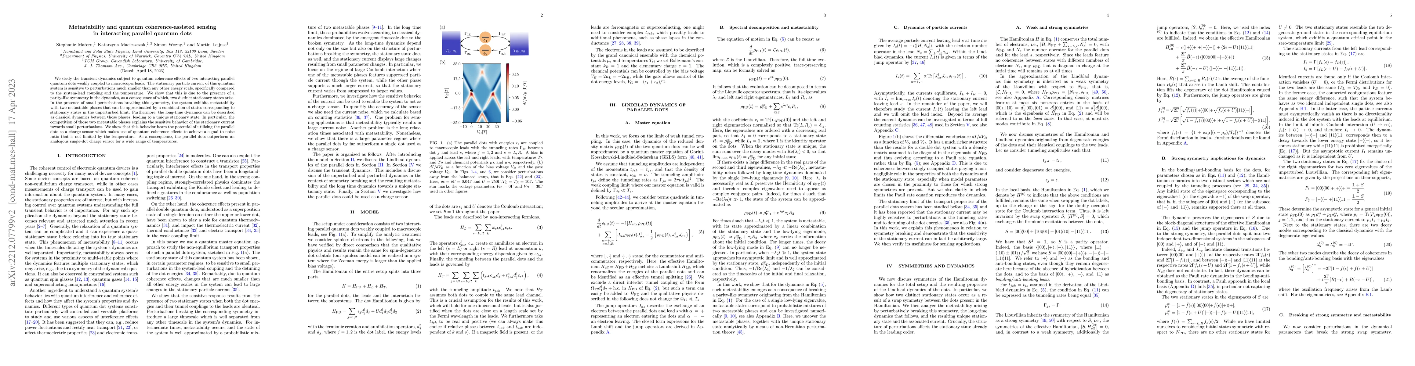 Thumbnail for Metastability and quantum coherence-assisted sensing in interacting
  parallel quantum dots