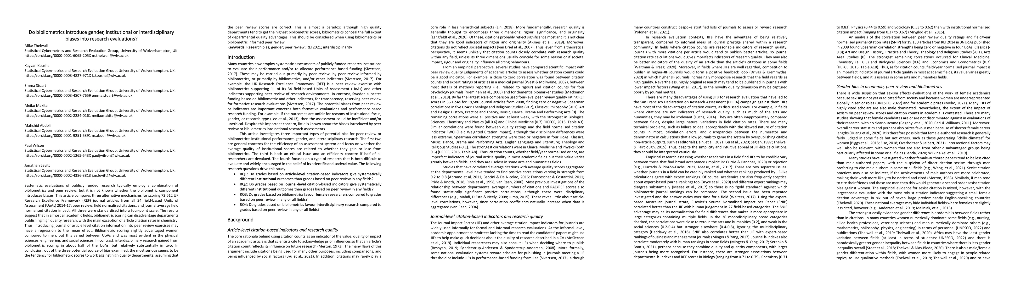 Thumbnail for Do bibliometrics introduce gender, institutional or interdisciplinary
  biases into research evaluations?