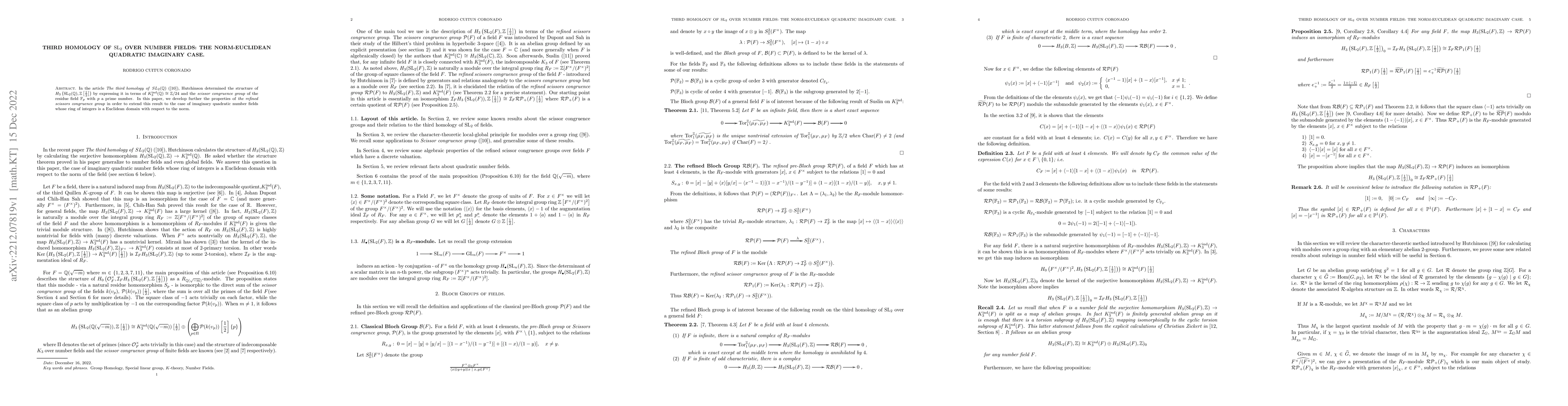 Thumbnail for Third homology of $\mathrm{SL}_{2}$ over Number fields: The
  norm-Euclidean quadratic imaginary case