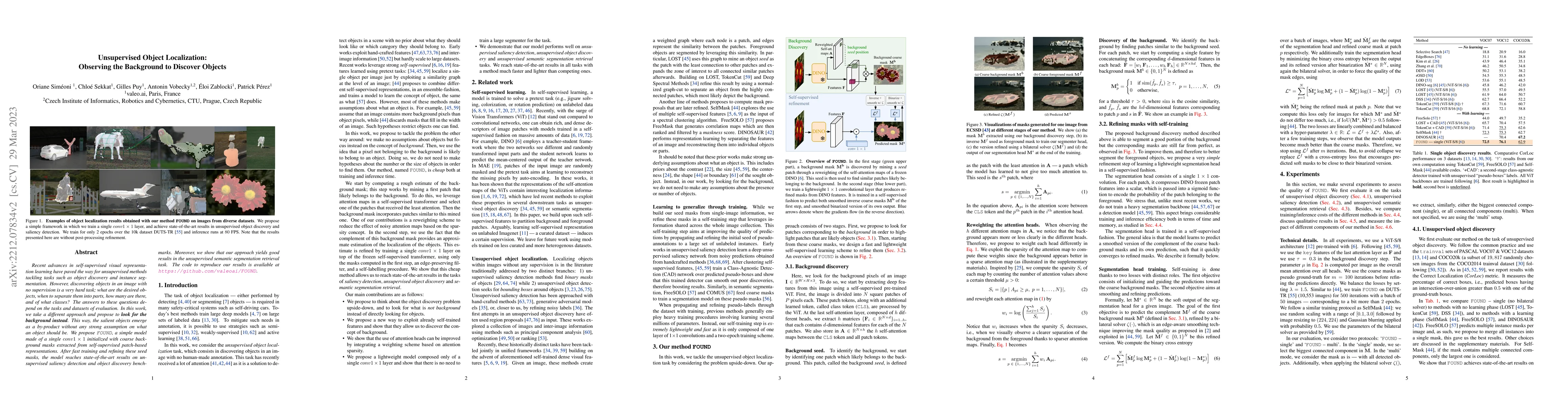 Thumbnail for Unsupervised Object Localization: Observing the Background to Discover
  Objects