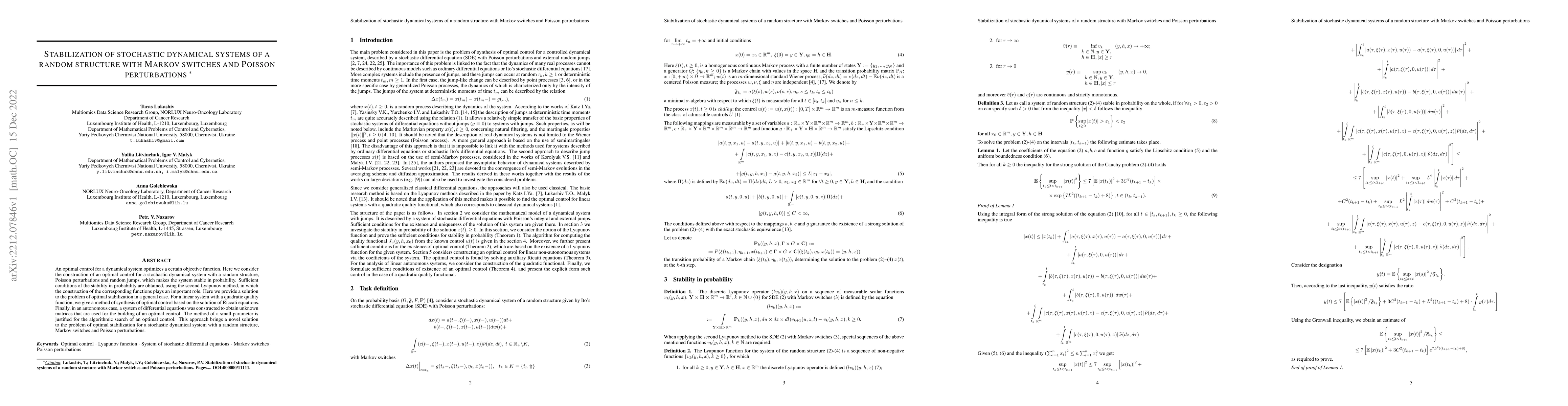 Thumbnail for Stabilization of stochastic dynamical systems of a random structure with
  Markov switches and Poisson perturbations