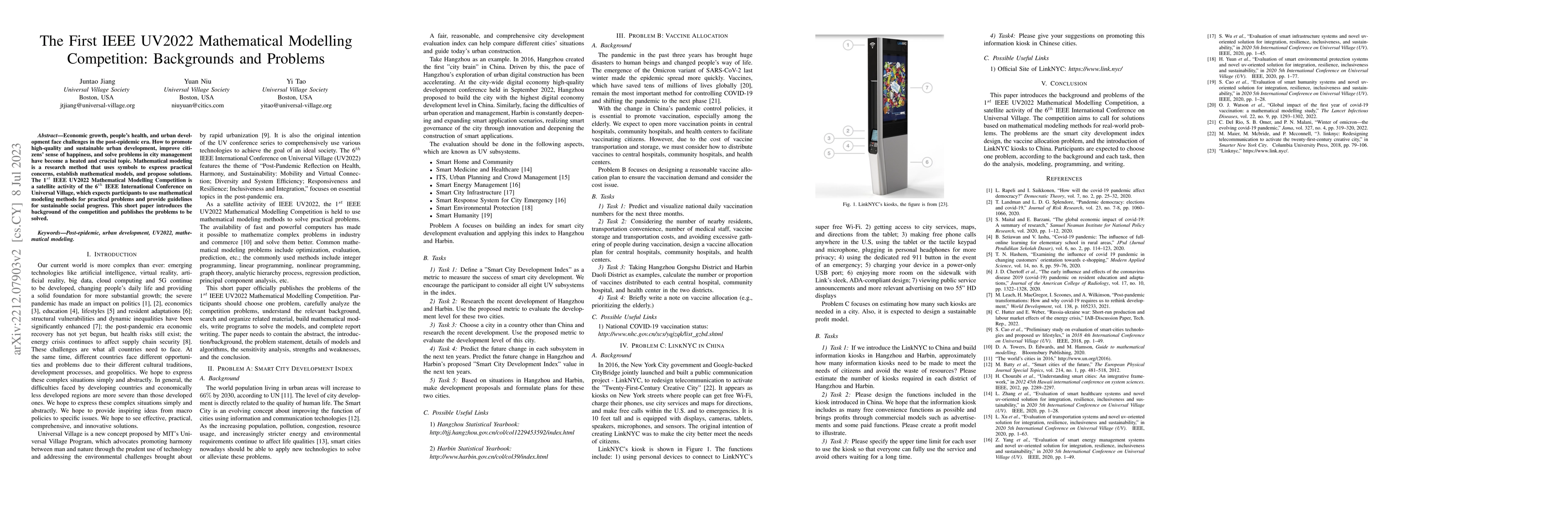 Thumbnail for The First IEEE UV2022 Mathematical Modelling Competition: Backgrounds
  and Problems