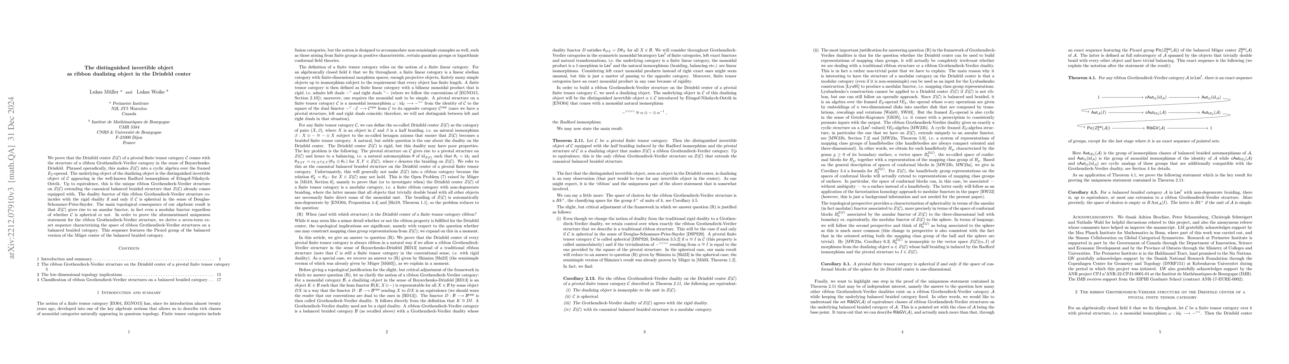 Thumbnail for The distinguished invertible object as ribbon dualizing object in the
  Drinfeld center