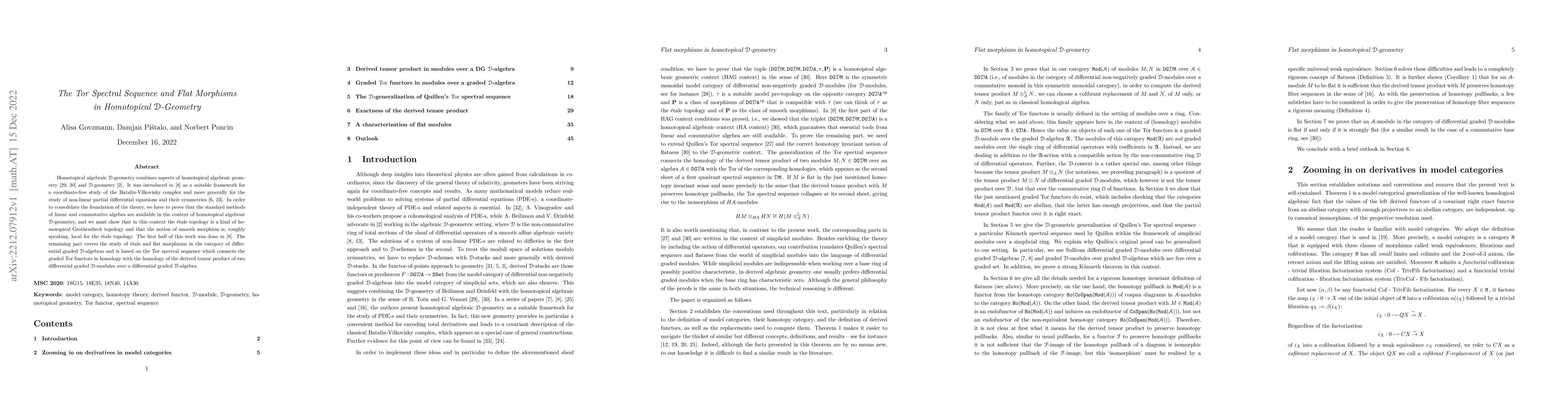 Thumbnail for The Tor Spectral Sequence and Flat Morphisms in Homotopical $D$-Geometry