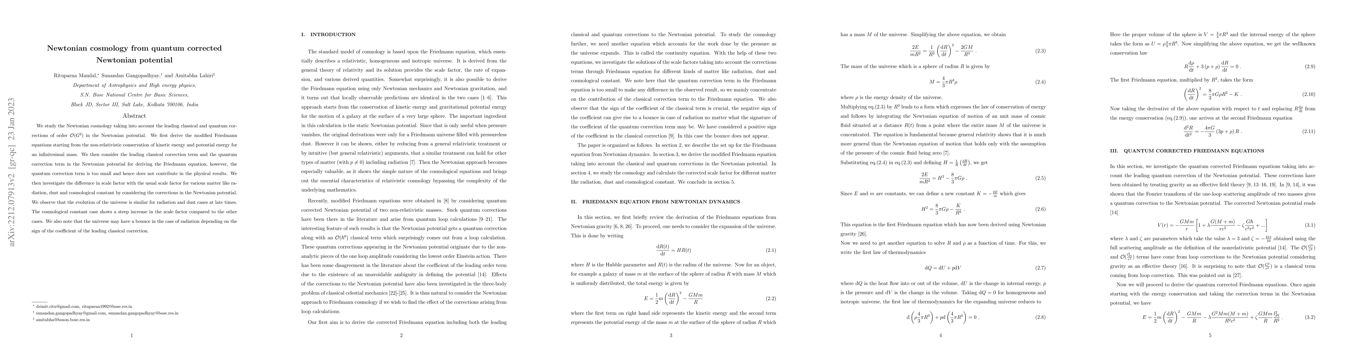 Thumbnail for Newtonian cosmology from quantum corrected Newtonian potential