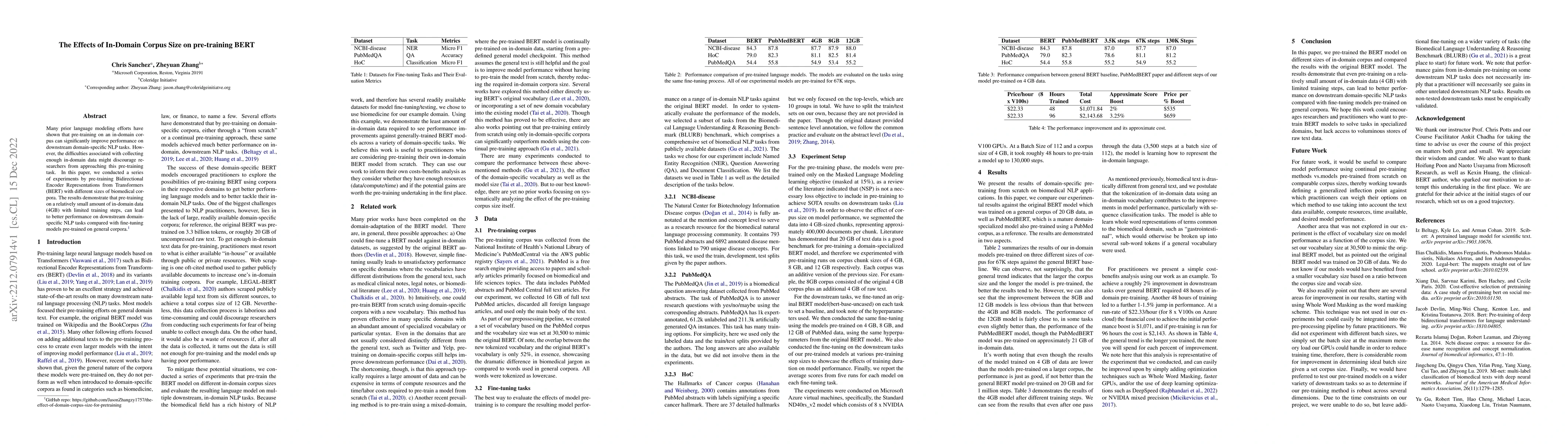 Thumbnail for The Effects of In-domain Corpus Size on pre-training BERT