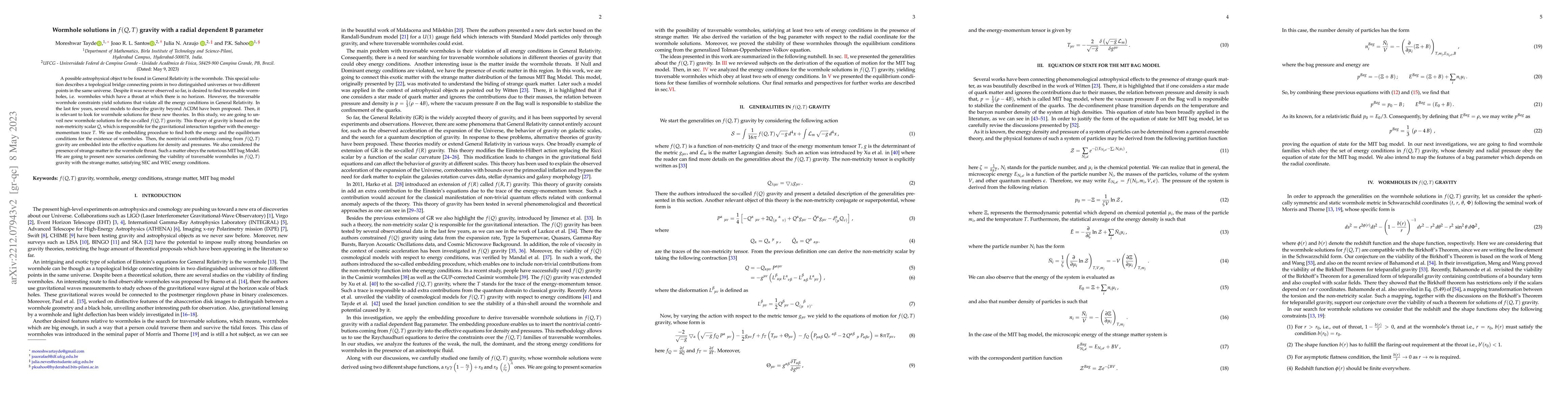 Thumbnail for Wormhole solutions in $f(Q,T)$ gravity with a radial dependent B
  parameter