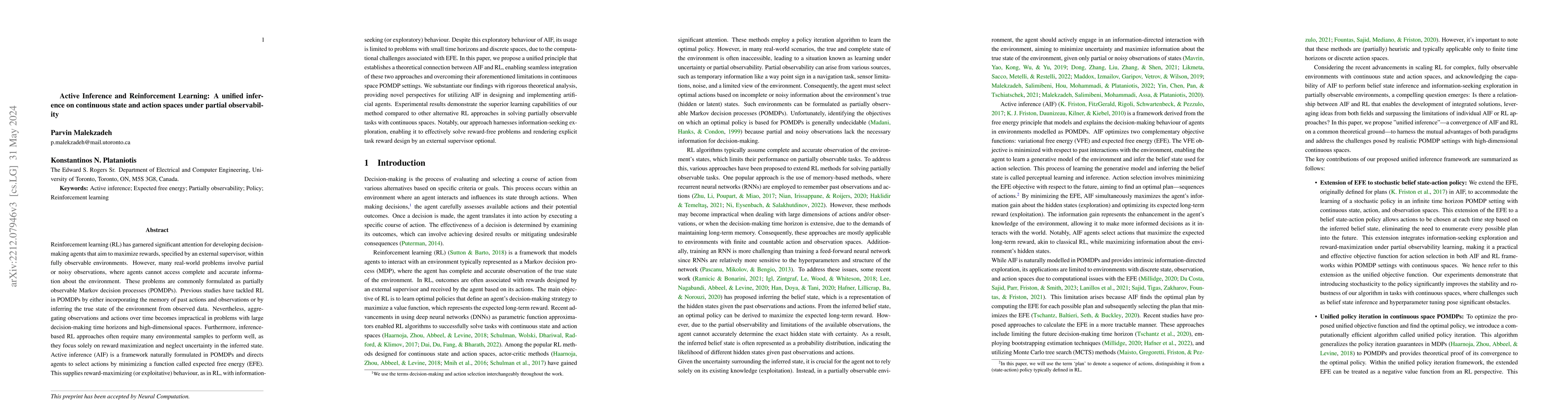 Thumbnail for Active Inference and Reinforcement Learning: A unified inference on
  continuous state and action spaces under partial observability