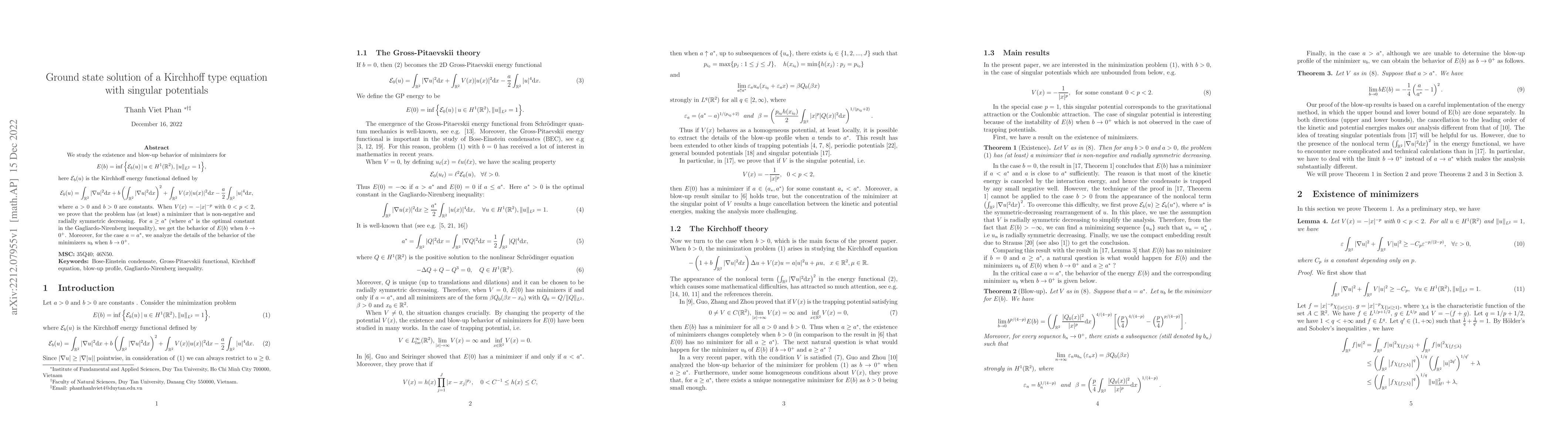 Thumbnail for Ground state solution of a Kirchhoff type equation with singular
  potentials