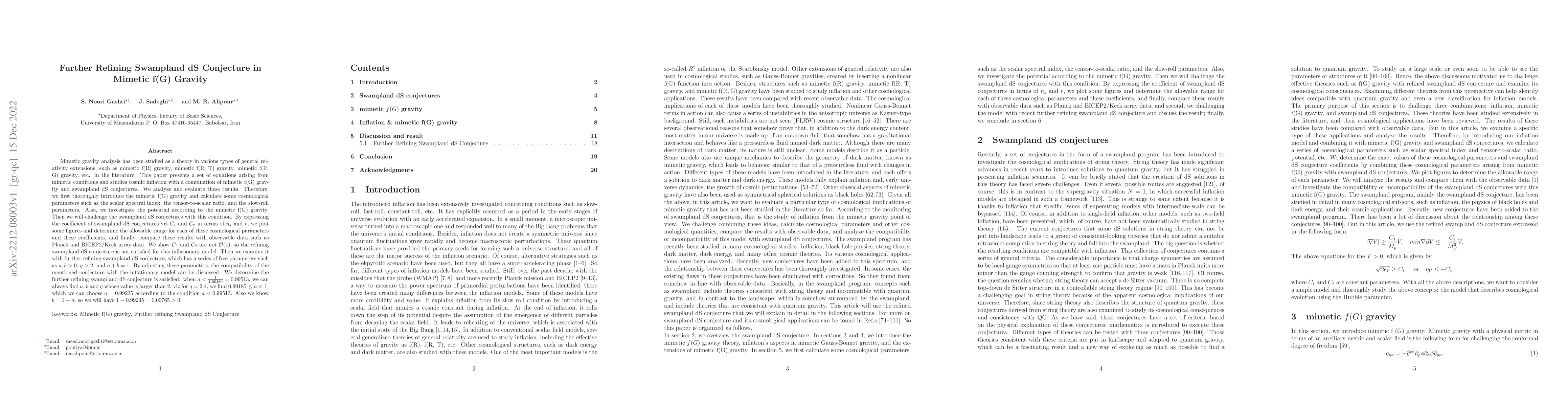 Thumbnail for Further Refining Swampland dS Conjecture in Mimetic f(G) Gravity
