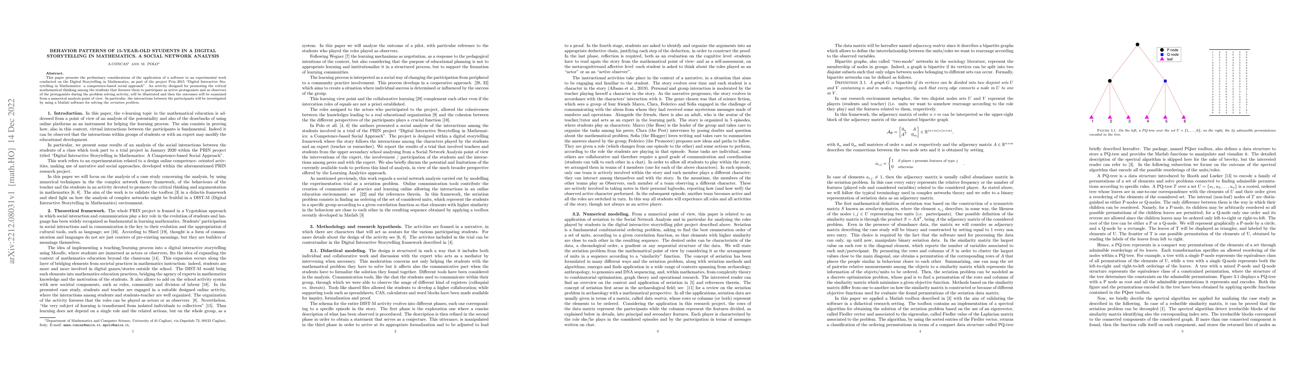 Thumbnail for Behavior patterns of 15-year-old students in a Digital Storytelling in
  Mathematics. A social network analysis