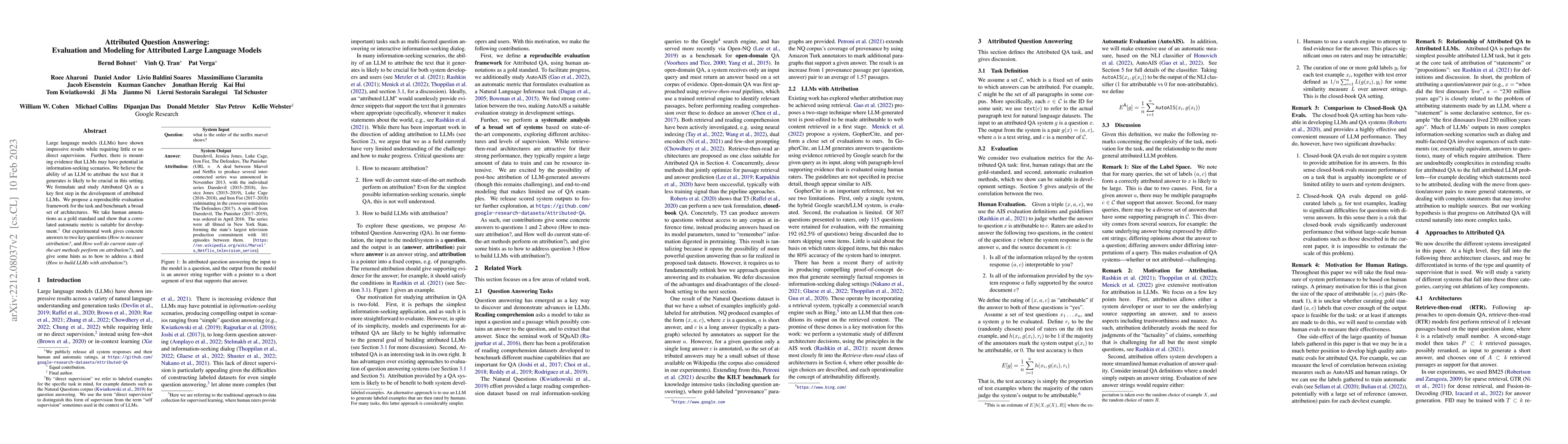 Thumbnail for Attributed Question Answering: Evaluation and Modeling for Attributed
  Large Language Models