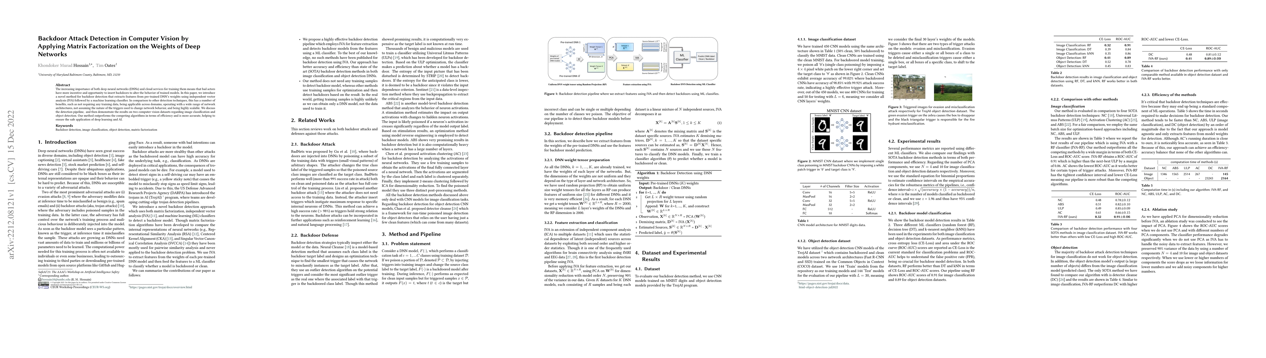 Thumbnail for Backdoor Attack Detection in Computer Vision by Applying Matrix
  Factorization on the Weights of Deep Networks