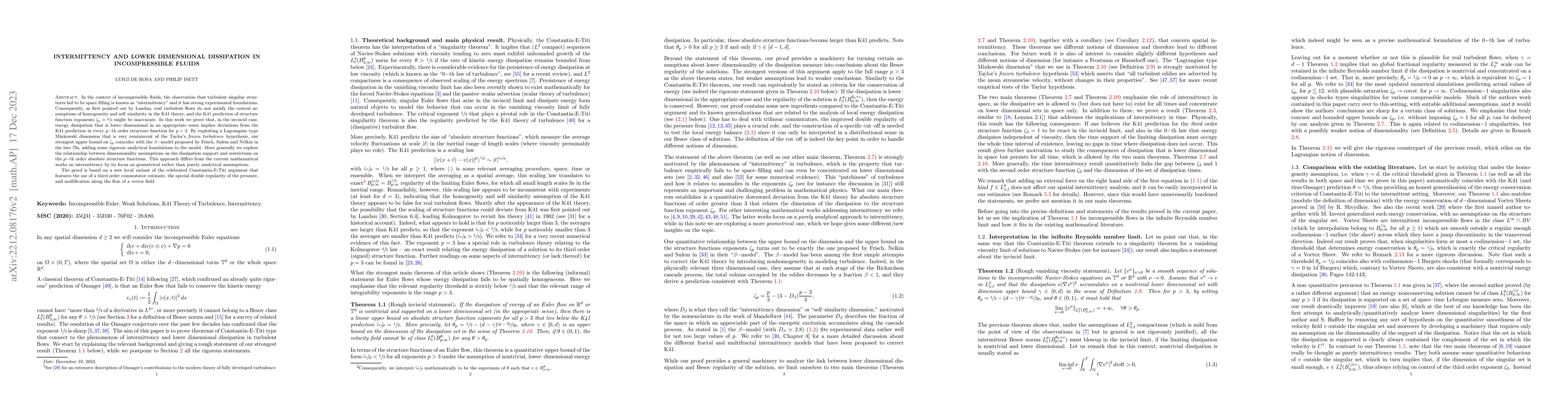 Thumbnail for Intermittency and lower dimensional dissipation in incompressible fluids