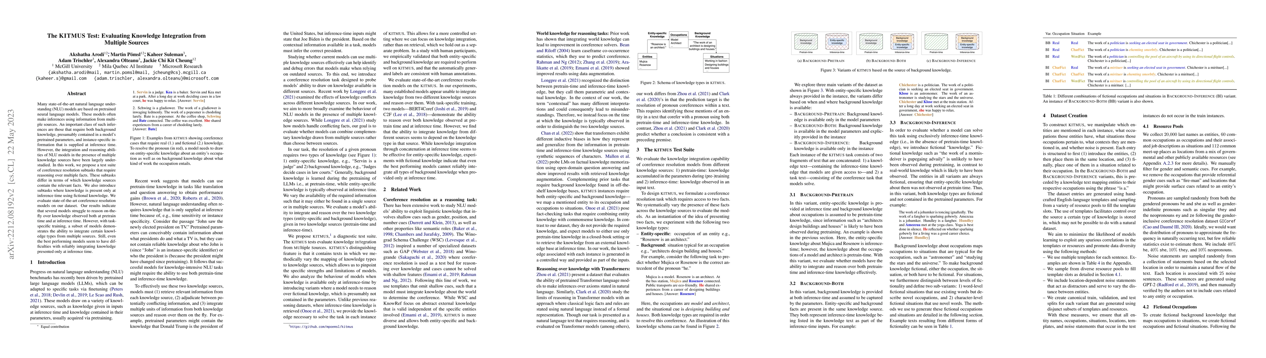 Thumbnail for The KITMUS Test: Evaluating Knowledge Integration from Multiple Sources
  in Natural Language Understanding Systems