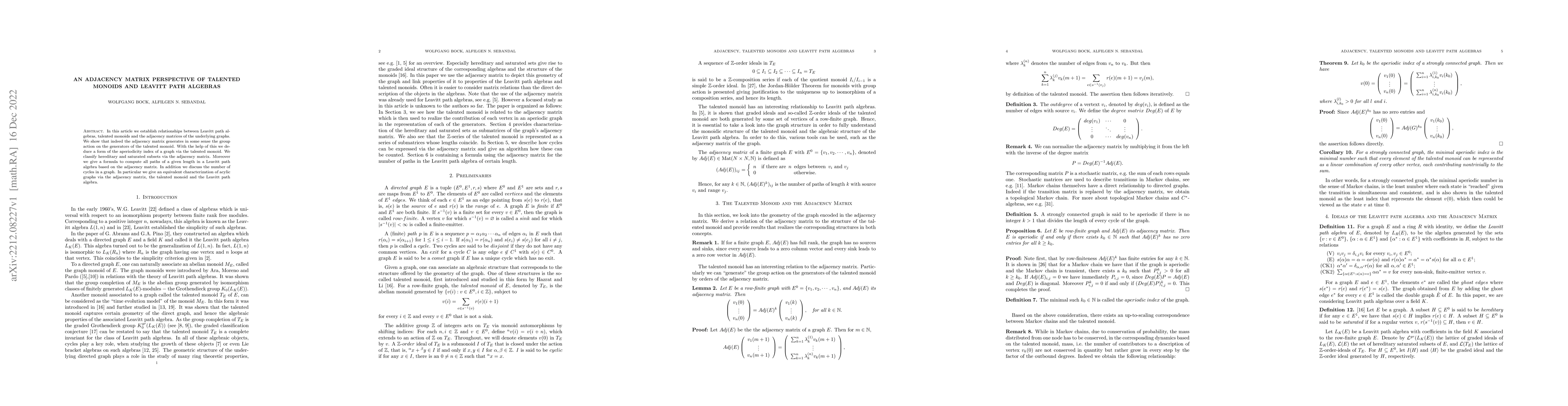 Thumbnail for An Adjacency Matrix Perspective of Talented Monoids and Leavitt Path
  Algebras