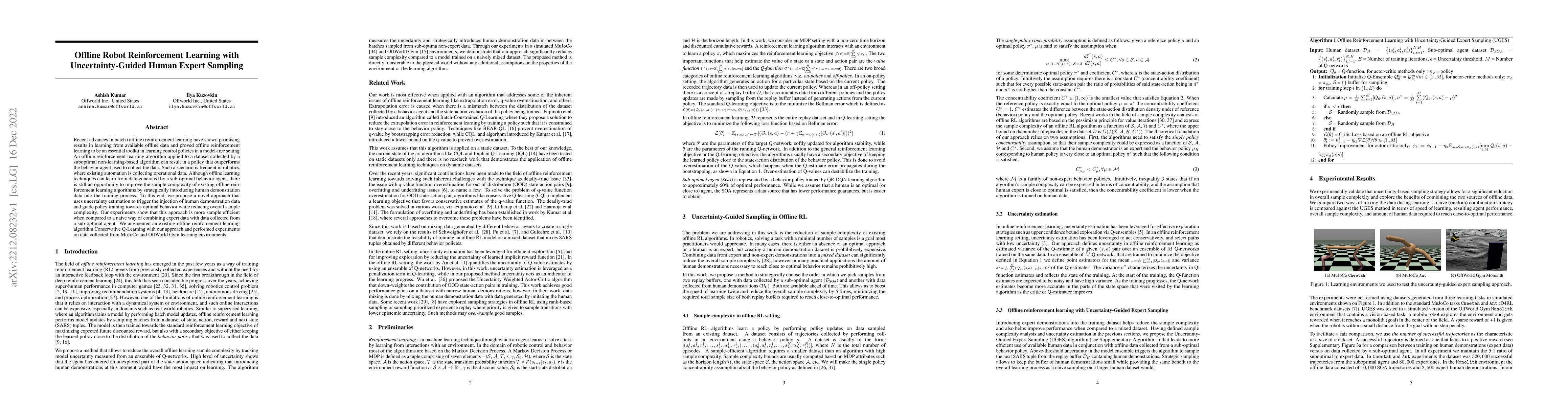 Thumbnail for Offline Robot Reinforcement Learning with Uncertainty-Guided Human
  Expert Sampling