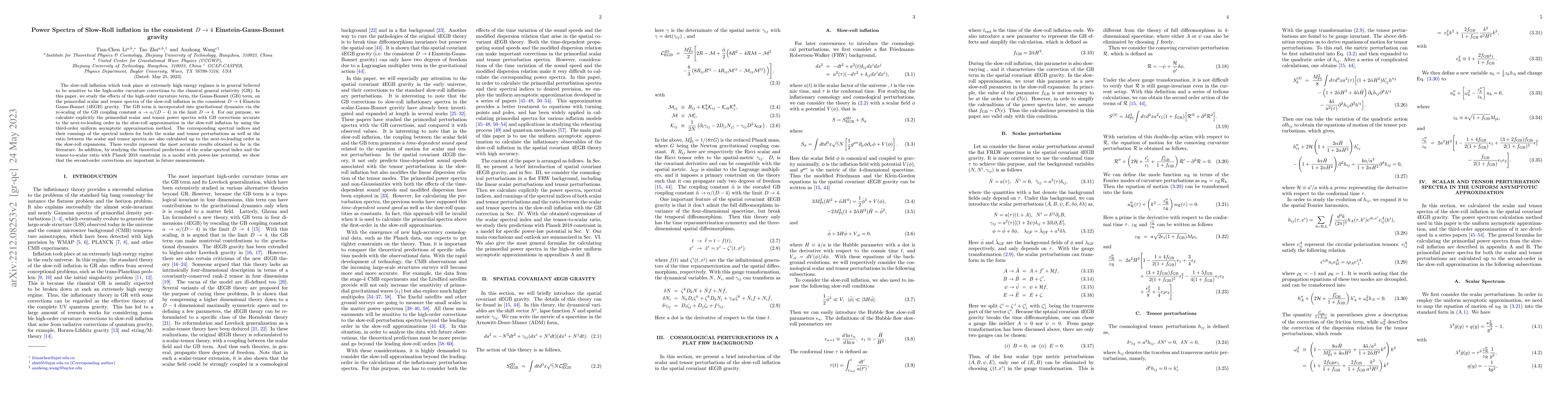 Thumbnail for Power Spectra of Slow-Roll inflation in the consistent $D\to 4$
  Einstein-Gauss-Bonnet gravity