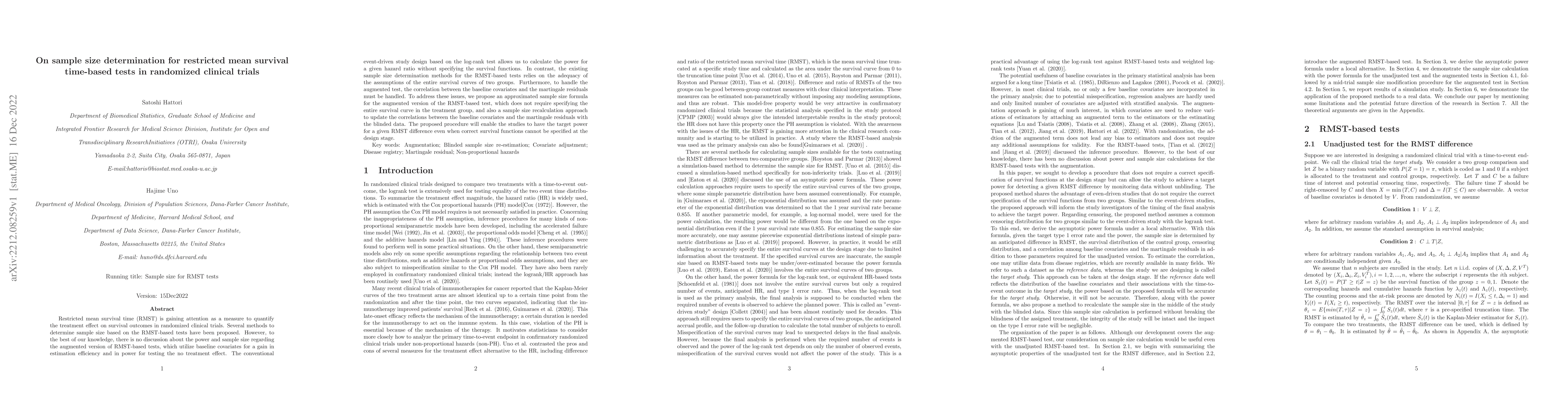Thumbnail for On sample size determination for restricted mean survival time-based
  tests in randomized clinical trials