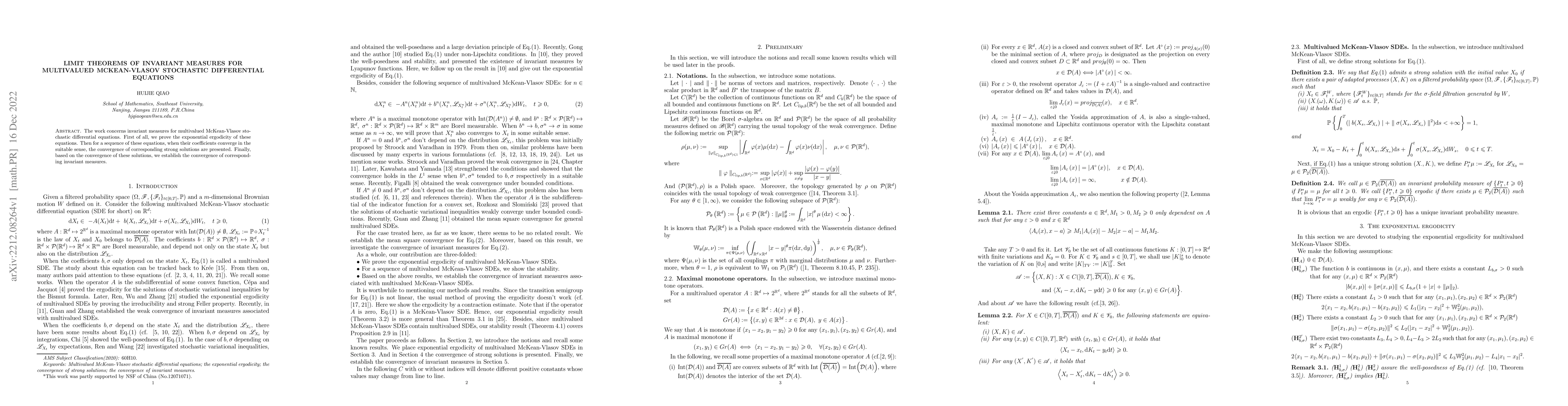 Thumbnail for Limit theorems of invariant measures for multivalued McKean-Vlasov
  stochastic differential equations