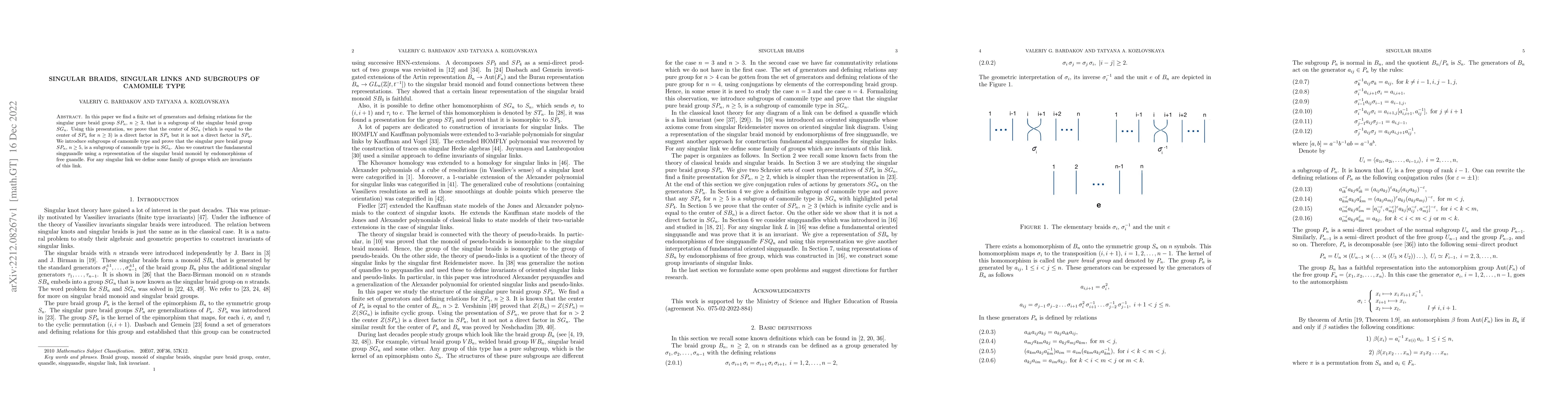 Thumbnail for Singular braids, singular links and subgroups of camomile type