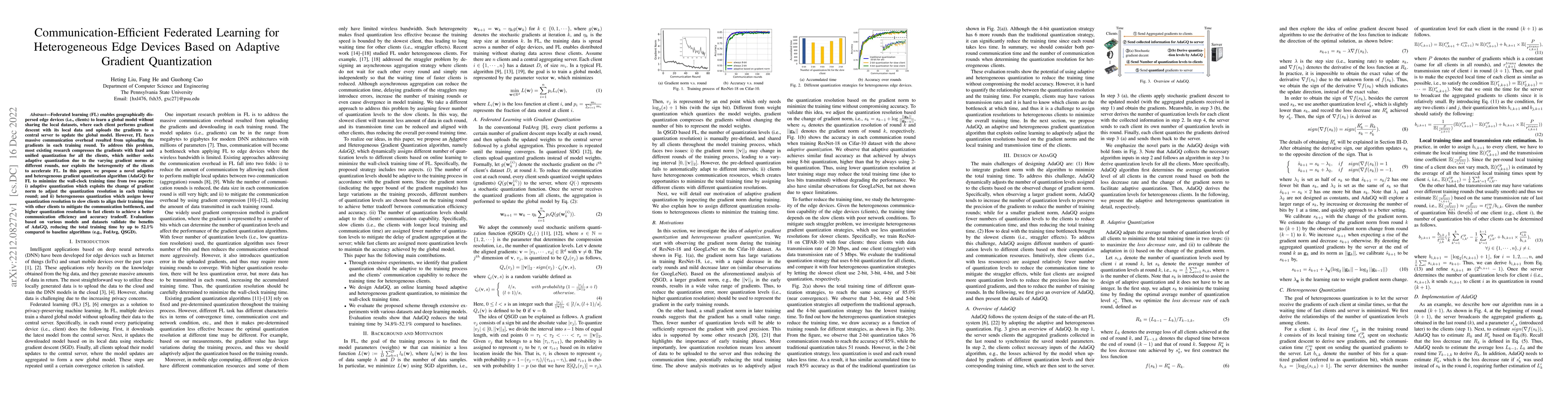 Thumbnail for Communication-Efficient Federated Learning for Heterogeneous Edge
  Devices Based on Adaptive Gradient Quantization