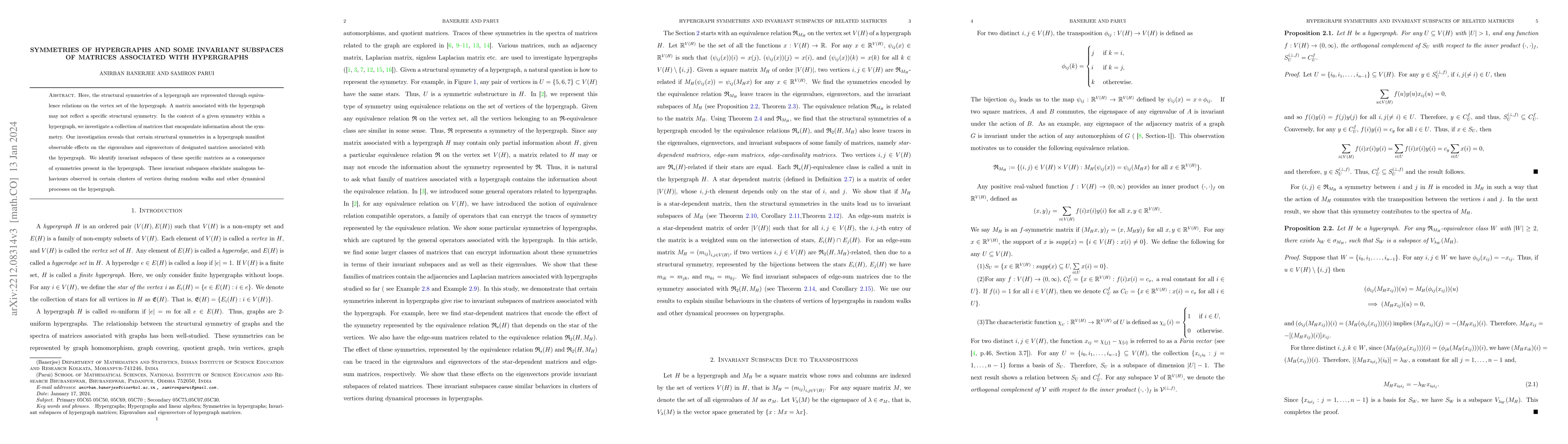 Thumbnail for Symmetries of Hypergraphs and Some Invariant Subspaces of Matrices
  Associated with Hypergraphs