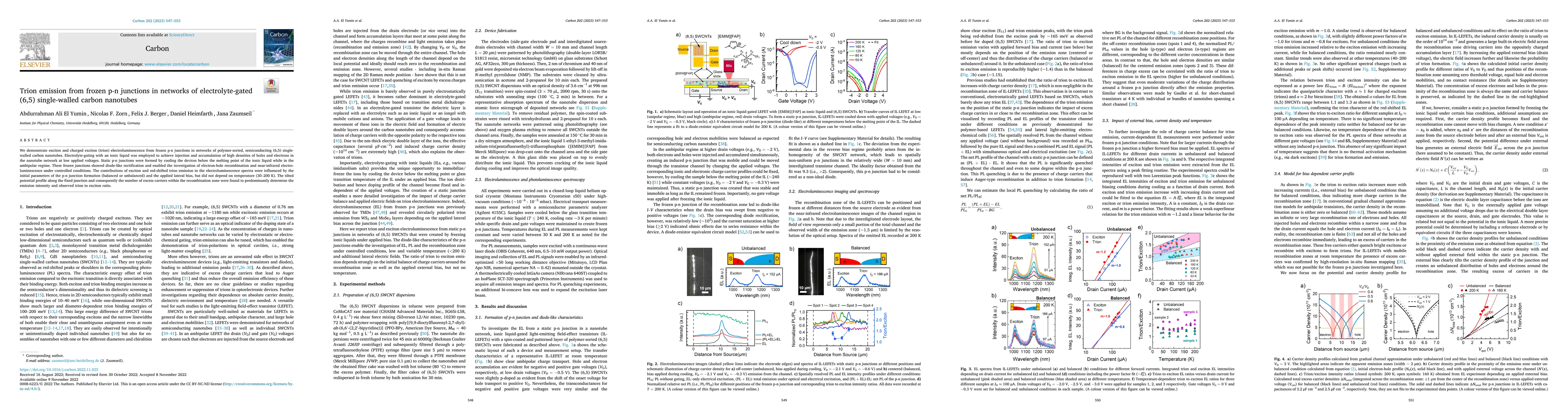 Thumbnail for Trion emission from frozen p-n junctions in networks of
  electrolyte-gated (6,5) single-walled carbon nanotubes