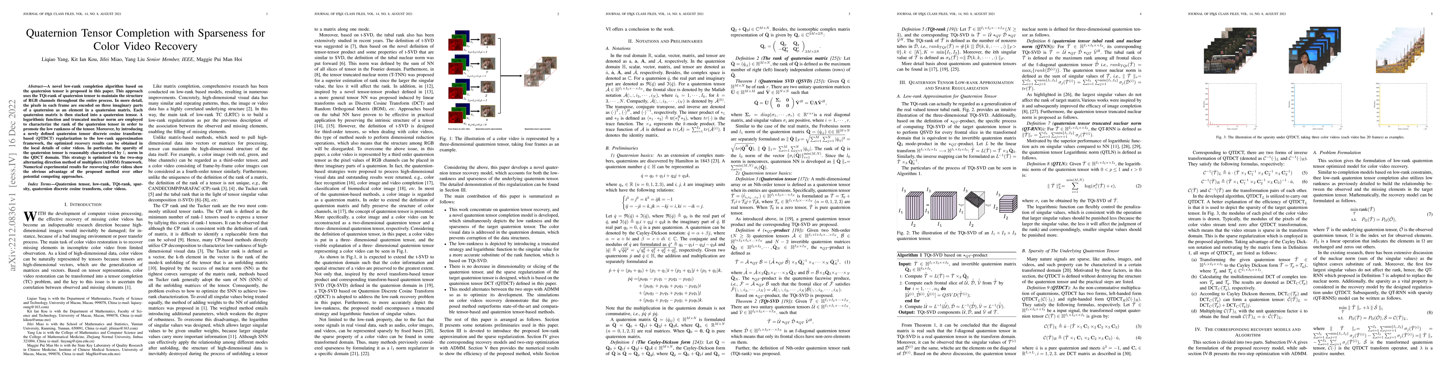 Thumbnail for Quaternion Tensor Completion with Sparseness for Color Video Recovery