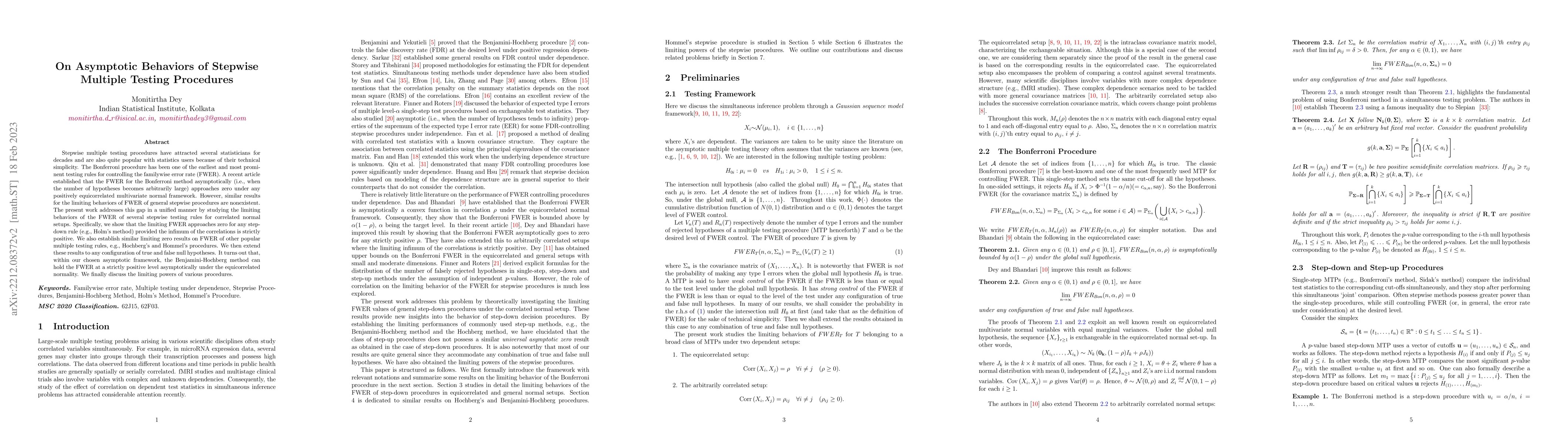 Thumbnail for On Asymptotic Behaviors of Stepwise Multiple Testing Procedures