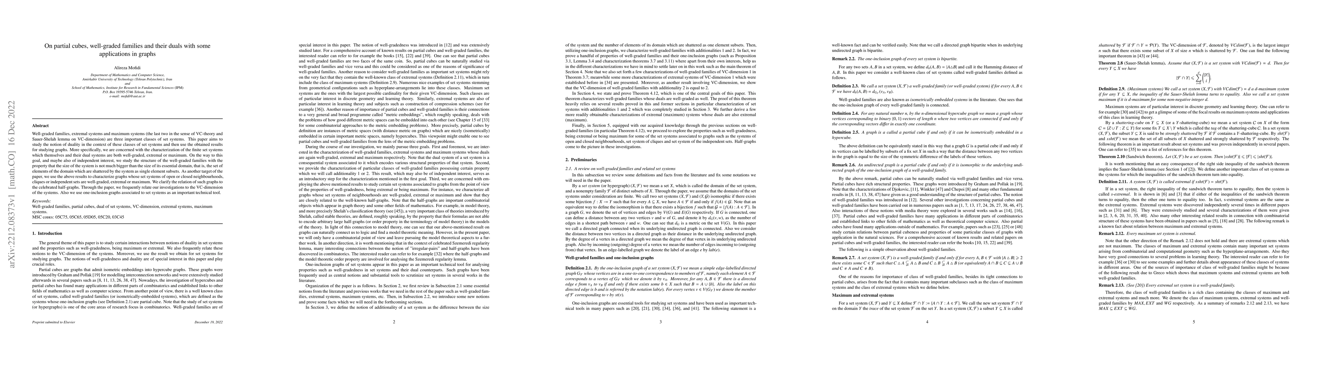 Thumbnail for On partial cubes, well-graded families and their duals with some
  applications in graphs