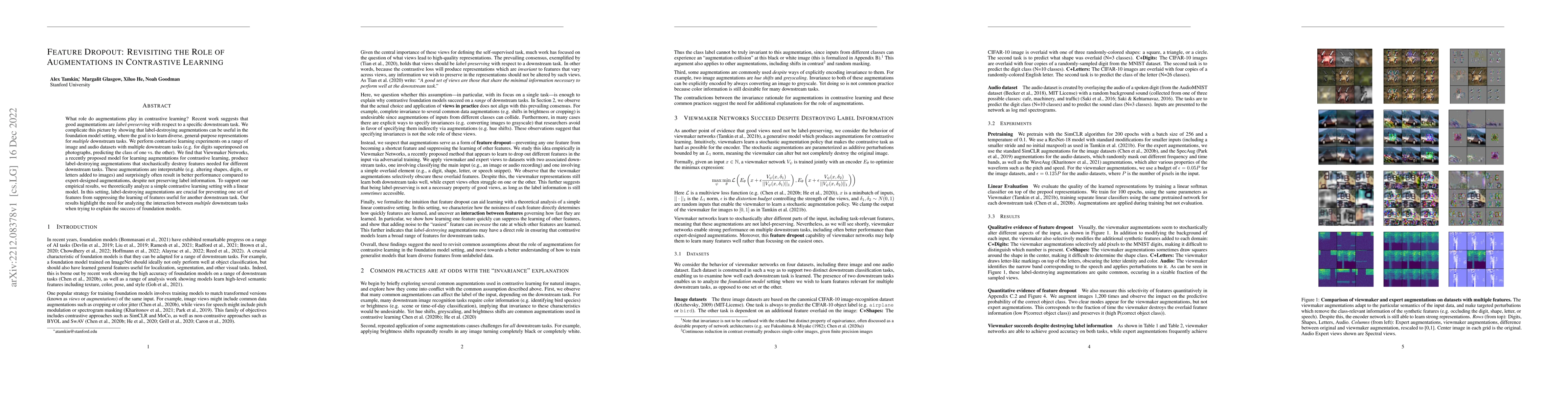 Thumbnail for Feature Dropout: Revisiting the Role of Augmentations in Contrastive
  Learning