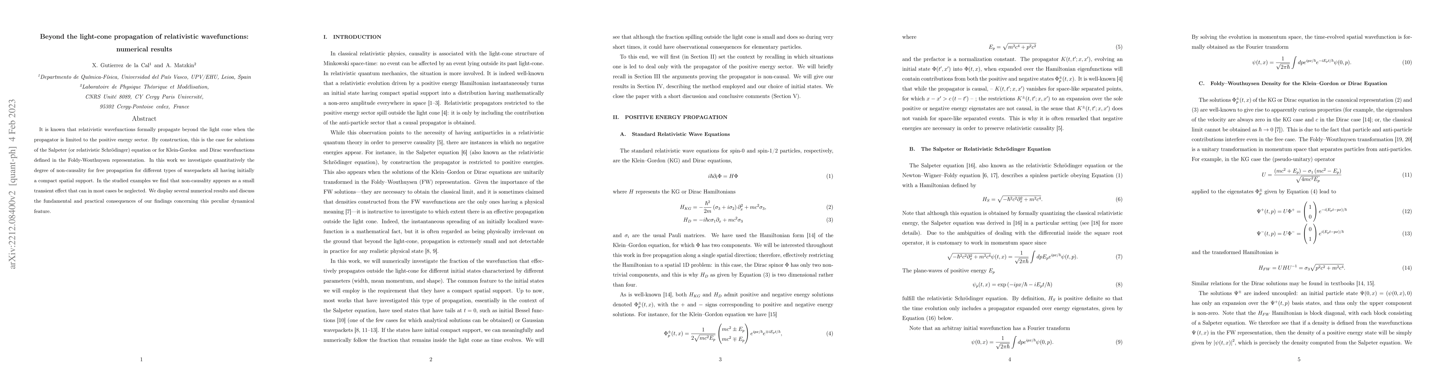 Thumbnail for Beyond the light-cone propagation of relativistic wavefunctions:
  numerical results