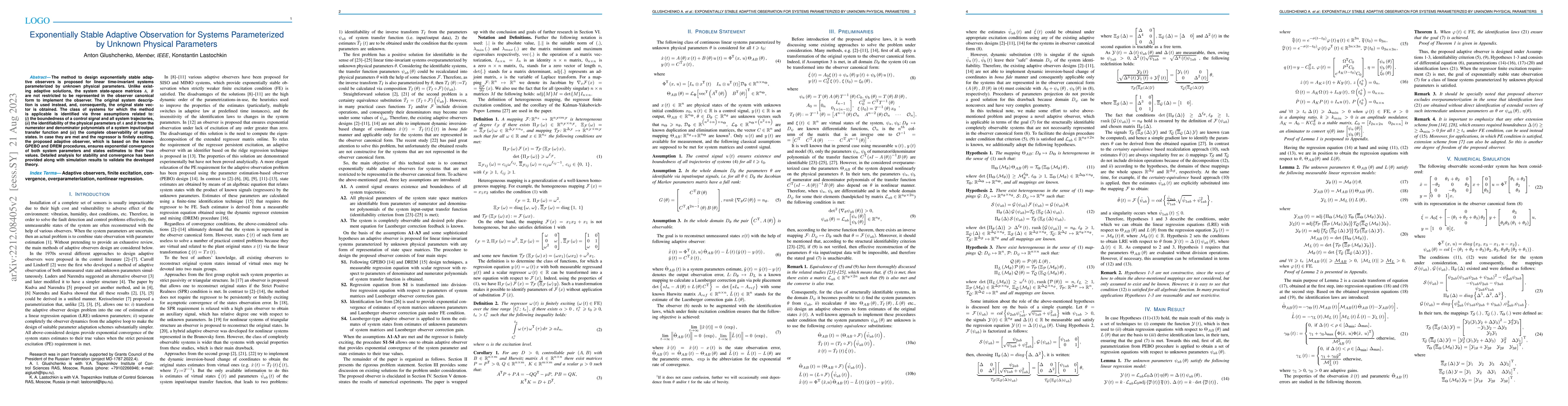 Thumbnail for Exponentially Stable Adaptive Observation for Systems Parameterized by
  Unknown Physical Parameters