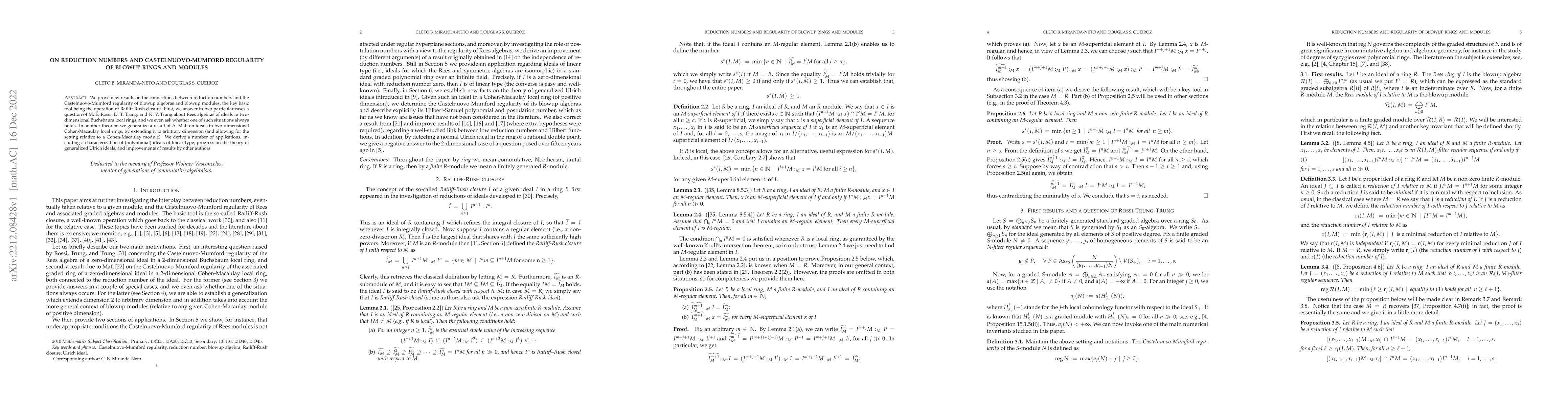 Thumbnail for On reduction numbers and Castelnuovo-Mumford regularity of blowup rings
  and modules