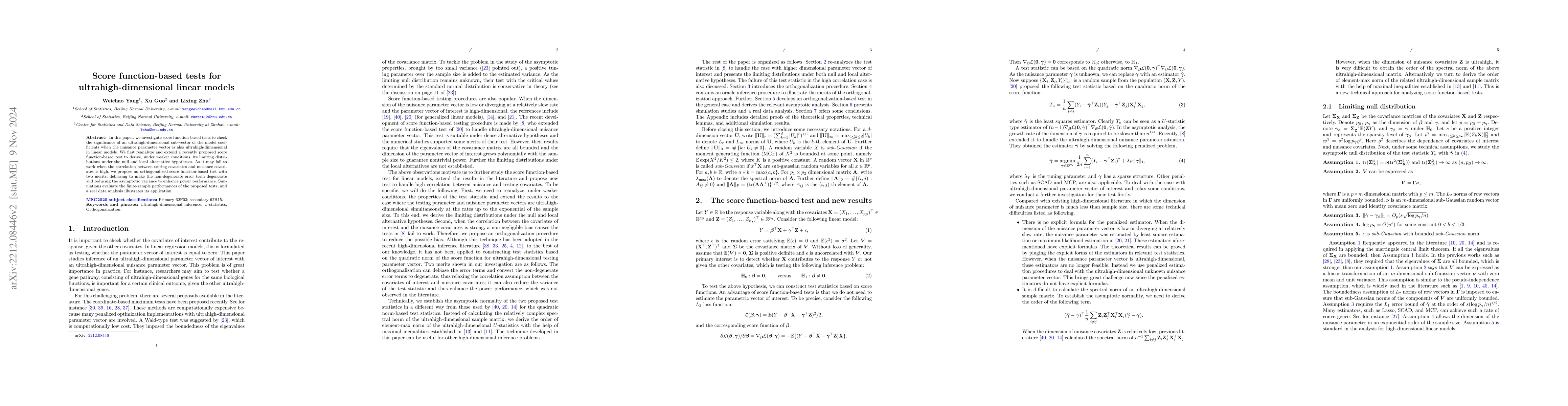 Thumbnail for Score function-based tests for ultrahigh-dimensional linear models