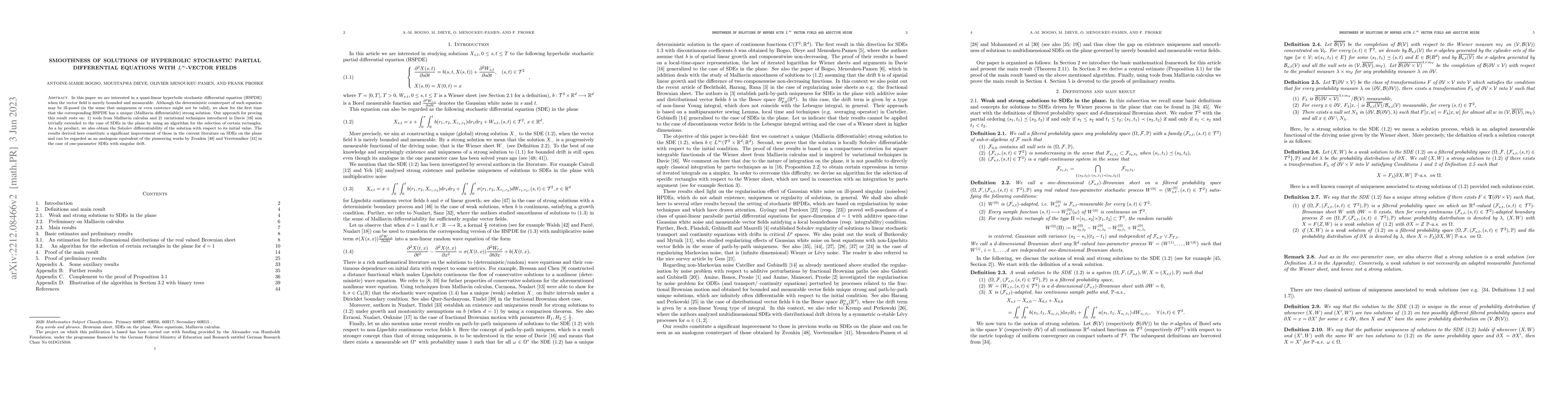Thumbnail for Smoothness of solutions of hyperbolic stochastic partial differential
  equations with $L^{\infty}$-vector fields