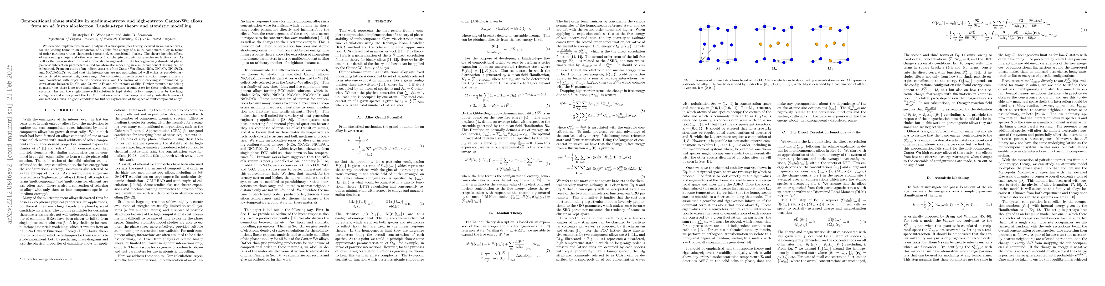 Thumbnail for Compositional phase stability in medium-entropy and high-entropy
  Cantor-Wu alloys from an ab initio all-electron, Landau-type theory and
  atomistic modelling