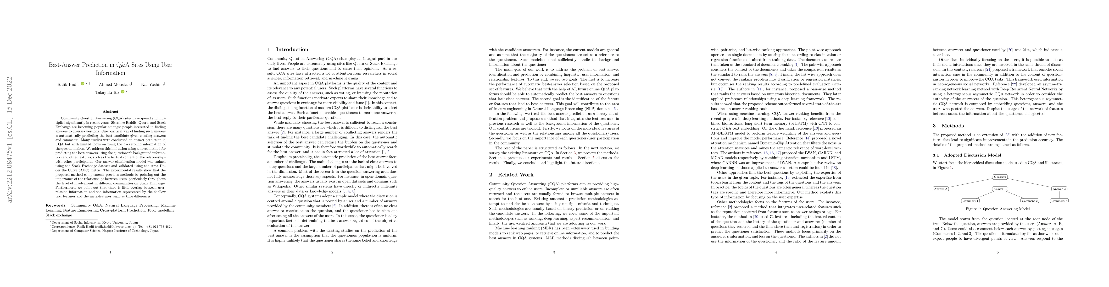 Thumbnail for Best-Answer Prediction in Q&A Sites Using User Information