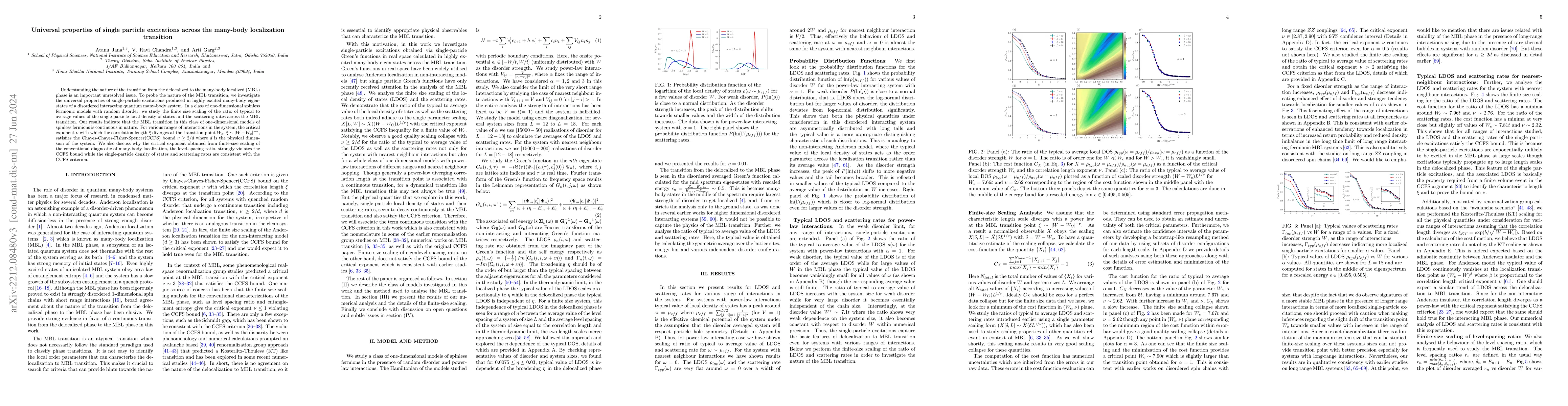 Thumbnail for Universal properties of single particle excitations across the many-body
  localization transition