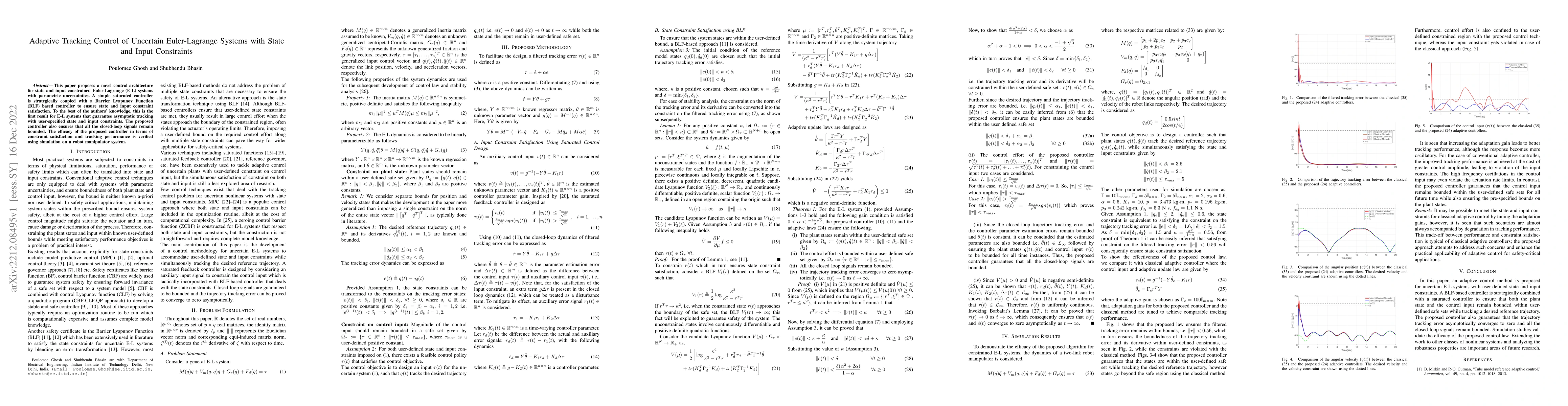 Thumbnail for Adaptive Tracking Control of Uncertain Euler-Lagrange Systems with State
  and Input Constraints