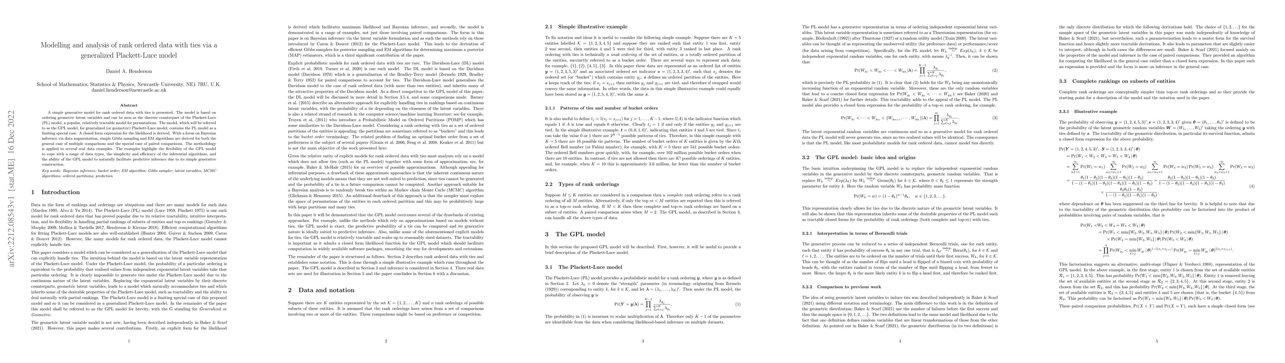 Thumbnail for Modelling and analysis of rank ordered data with ties via a generalized
  Plackett-Luce model