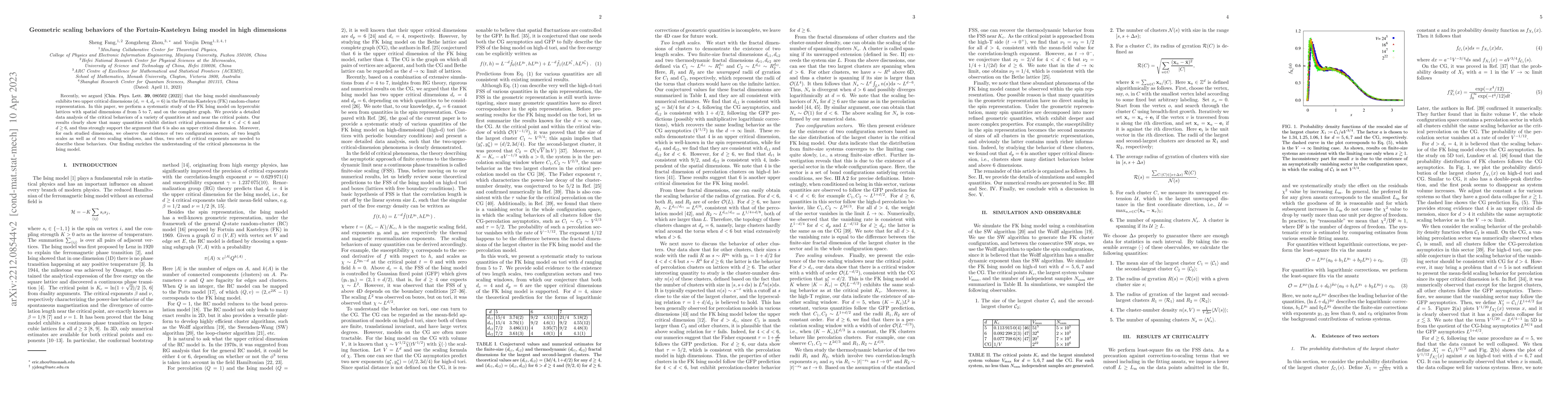 Thumbnail for Geometric scaling behaviors of the Fortuin-Kasteleyn Ising model in high
  dimensions