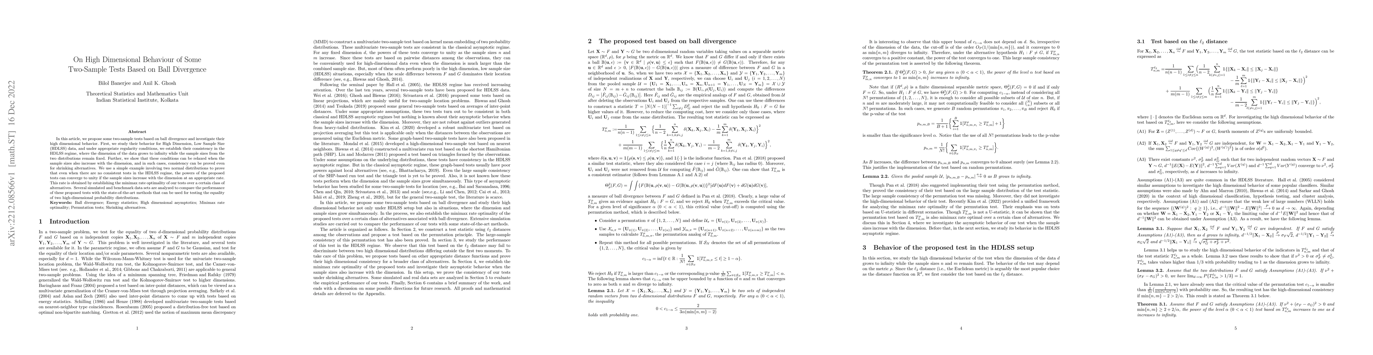 Thumbnail for On High Dimensional Behaviour of Some Two-Sample Tests Based on Ball
  Divergence