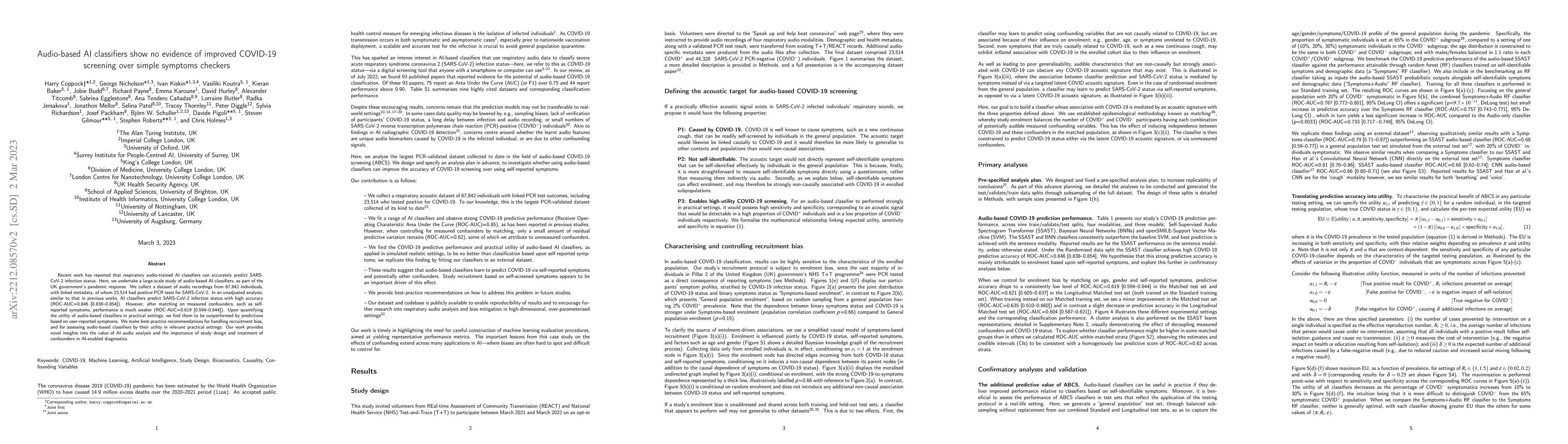 Thumbnail for Audio-based AI classifiers show no evidence of improved COVID-19
  screening over simple symptoms checkers