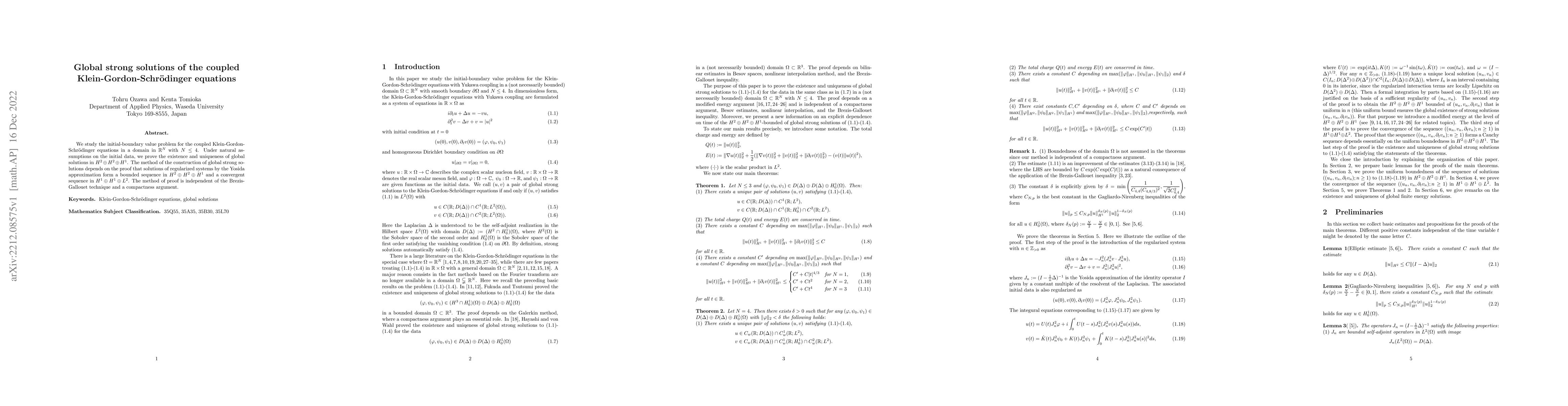 Thumbnail for Global strong solutions of the coupled Klein-Gordon-Schr\"{o}dinger
  equations