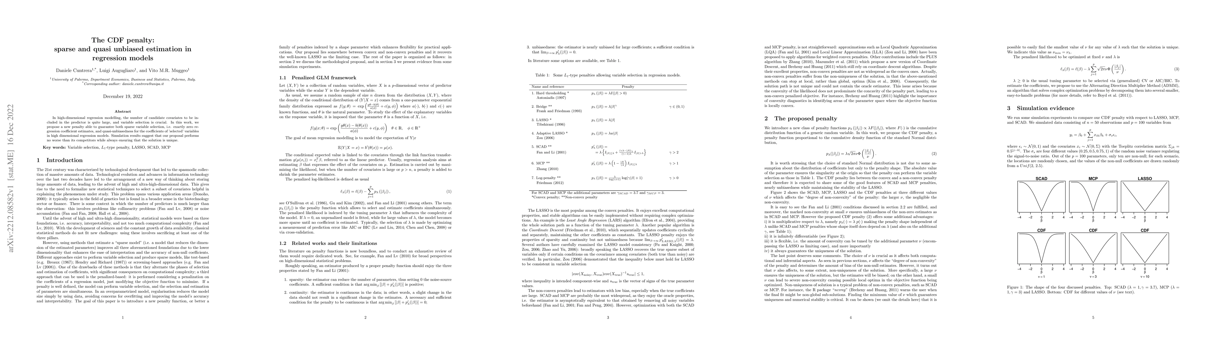 Thumbnail for The CDF penalty:sparse and quasi unbiased estimation in regression
  models